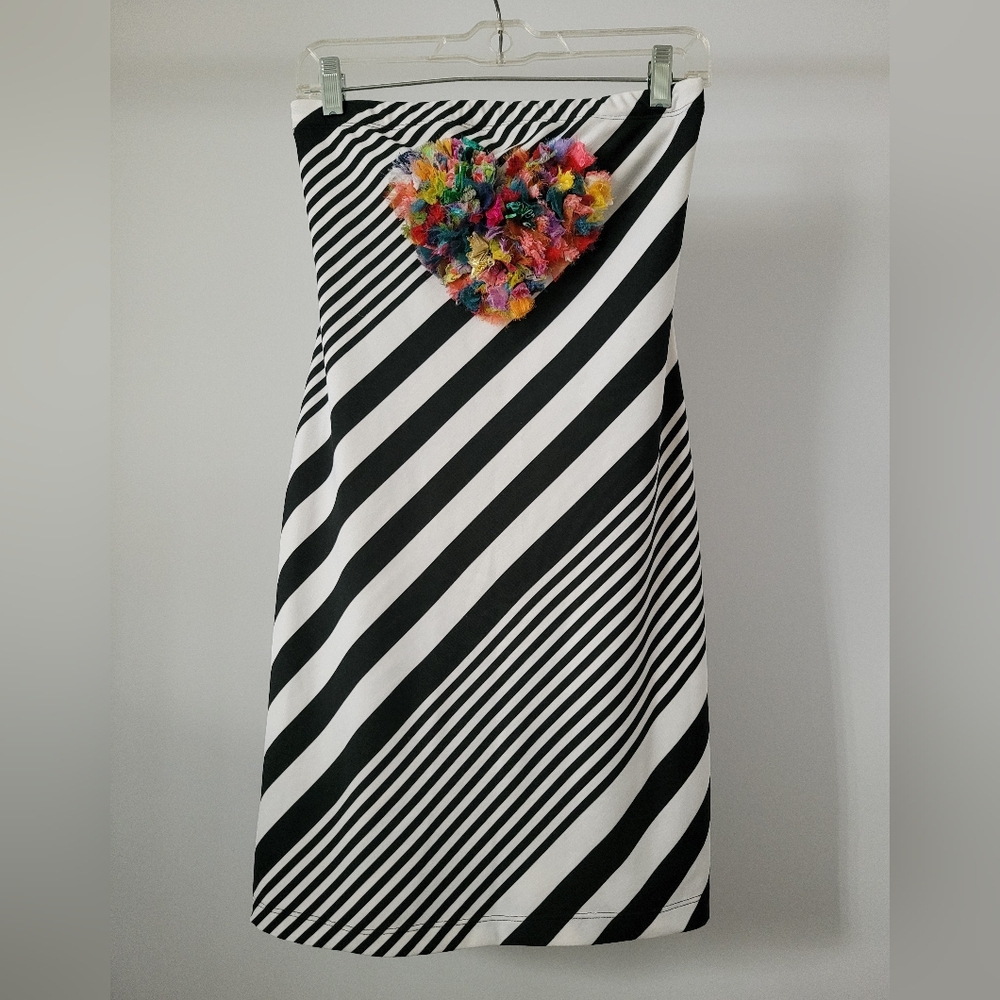 Katrin Leblond Mini Tube Dress Black White Stripes Textured Heart Built-In Bra S